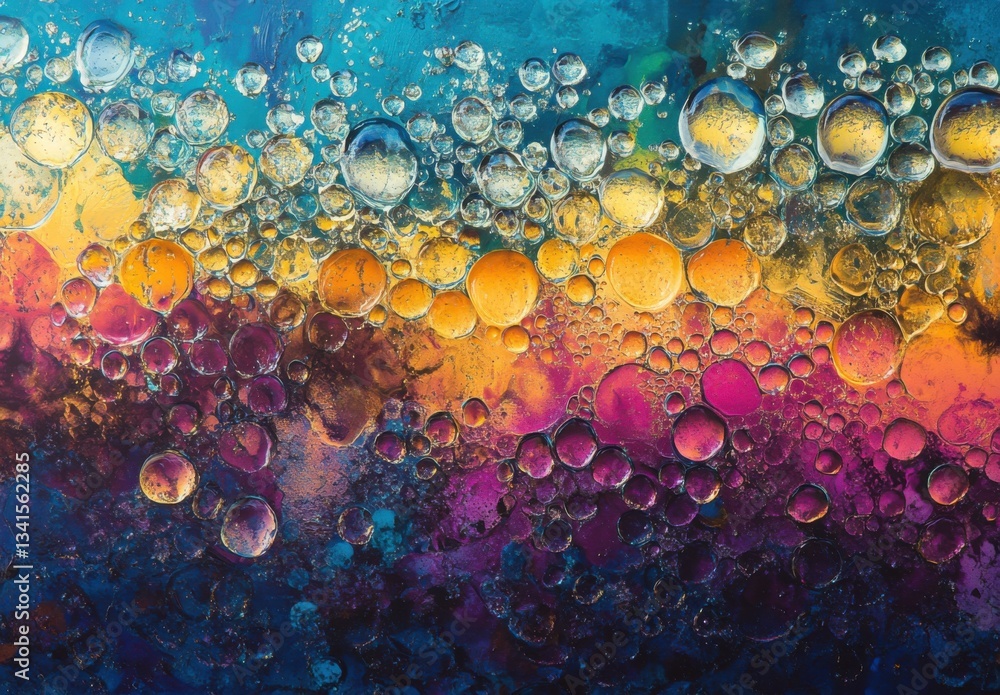 Aufkleber a close-up of bubbles in oil on water, creating an abstract and colorful pattern with vibrant colors