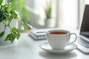 Minimalist desk setup with laptop and cup of tea and space for text on left