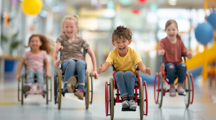 Kids racing wheelchairs in fun indoor playground joyful atmosphere dynamic perspective