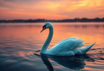 Fototapeta premium Elegant swan glides on serene twilight lake, dusty particles swirl, motion blur, photography, monotone