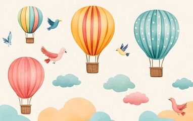 Naklejka premium Vintage hot air balloon festival with colorful balloons, fluffy clouds, and birds in soft watercolor strokes