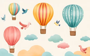 Vintage hot air balloon festival with colorful balloons, fluffy clouds, and birds in soft watercolor strokes