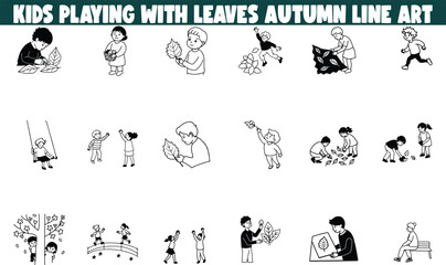 Fototapeta premium Autumn Childrens Leaf Play Line Art Illustrations Collection