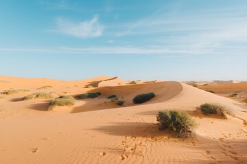 Expansive desert scene with orange sand dunes, footprints, sparse desert plants, and a clear blue sky. Shadows and textures visible on the sand.