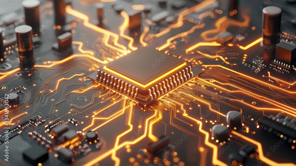Poster a close-up view of a microchip on a circuit board, illuminated by vibrant orange light, showcasing i