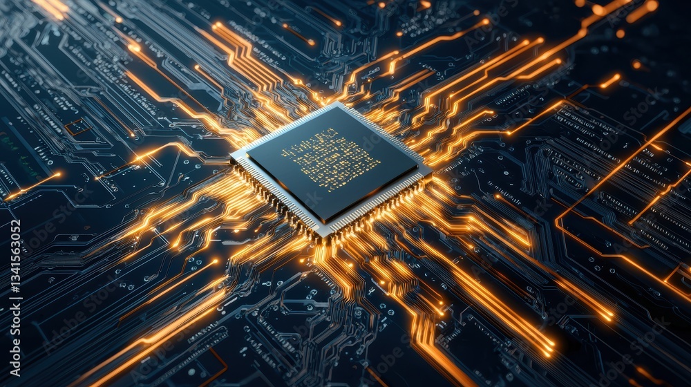 Poster a close-up view of a microchip on a circuit board, showcasing vibrant connections and electrical pat