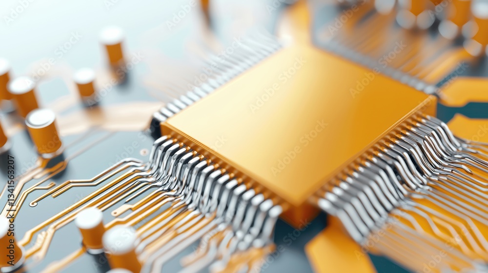 Poster A close-up view of a modern microprocessor with intricate circuits and gold components, symbolizing advanced technology.