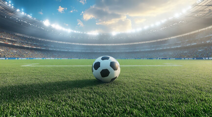 Naklejka premium soccer stadium with a ball on a grass field and fans in the stands under a