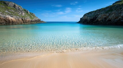 Obraz premium Crystal clear waters and sandy shores invite relaxation at a secluded beach in a coastal paradise