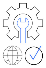 Gear with wrench inside, globe, and checkmark emphasizing maintenance, global service, reliability, quality assurance. Ideal for technology, repair, global solutions support processes engineering