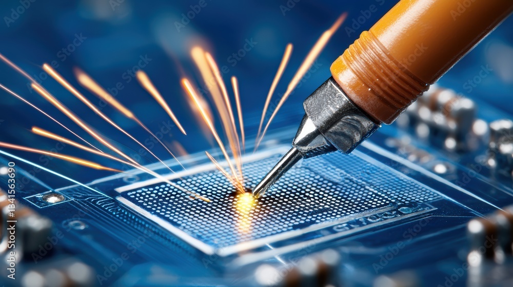 Poster a close-up view of a soldering process on a circuit board creating sparks, showcasing precision in e
