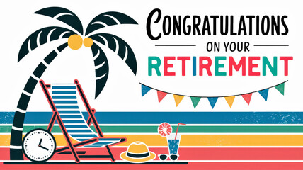 Tropical-themed retirement congratulations card with colorful text Congratulations on your Retirement, featuring a beach chair, palm tree, clock, hat, drink, and festive bunting.