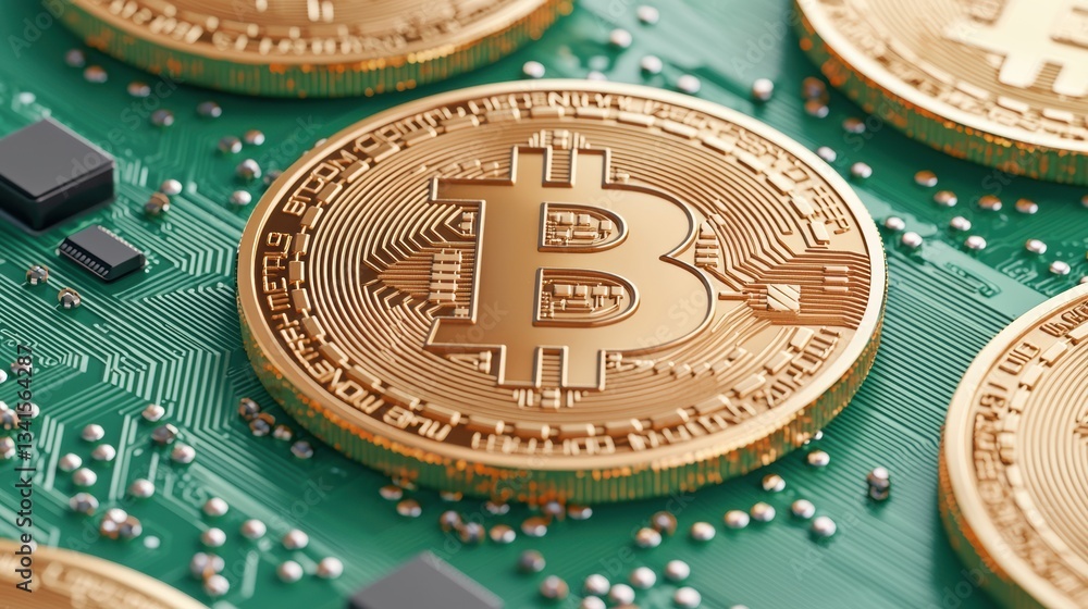 Poster A close-up view of golden bitcoins on a circuit board, showcasing digital currency's integration with technology and finance.