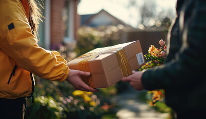 Close-up of a delivery person handing boxes to a customer at home, with the focus on the hands and boxes , street background.