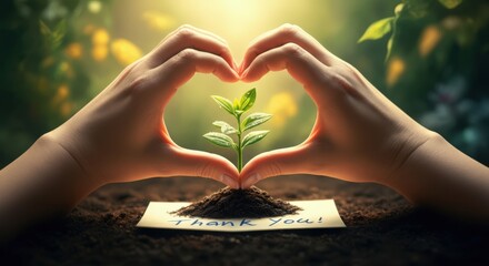 Hands forming a heart shape around a small plant growing in soil with a note reading Thank You in a natural sunlight setting, symbolizing gratitude and environmental care