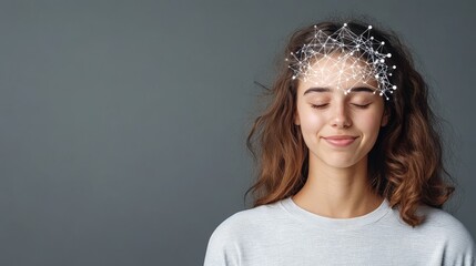 Woman with futuristic glowing brain visualization indicating neural activation and mental clarity, symbolizing creativity and intelligent thought