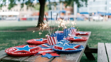 Festive outdoor picnic table decorated with red, white, and blue star-themed plates, American flag patterns, and sparklers for a Fourth of July celebration