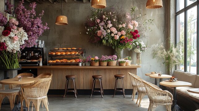 A stylish brunch cafe with floral arrangements, natural wood furniture, and light breakfast items
