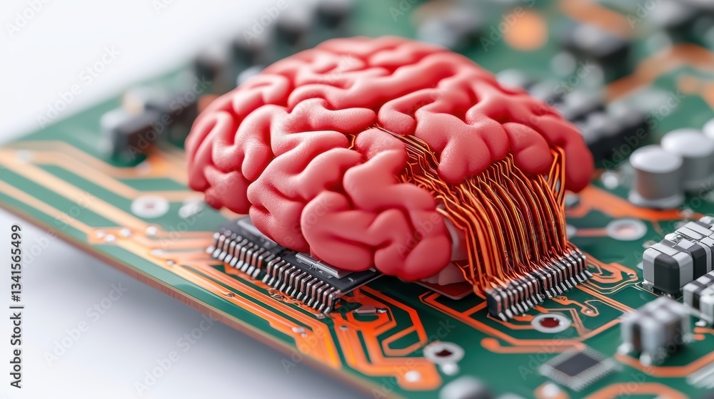 Poster a creative blend of a human brain model integrated with a circuit board, symbolizing the fusion of t
