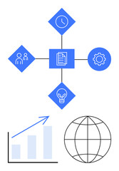 Centralized document connects icons for clock, teamwork, idea, and gear. Global globe and upward graph below. Ideal for strategy, collaboration, growth, workflow innovation planning analytics