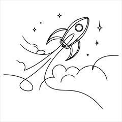 A continuous one-line drawing of a simple retro spacecraft flying upward into outer space. The illustration is minimalistic and artistic