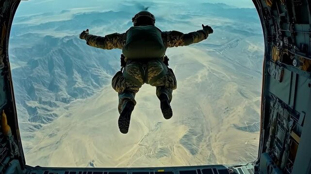 Combat soldier parachutes from military aircraft over mountainous terrain during a bright daytime sky, A combat soldier or parachutist jumps out of a plane to practice air combat