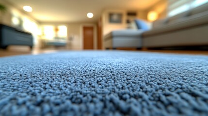 Close-up of plush, blue carpet in a bright living room