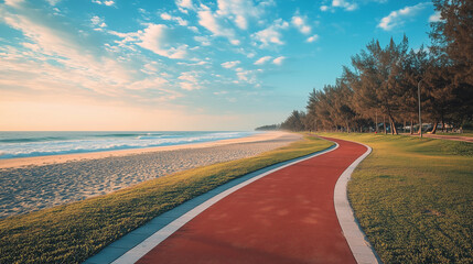 Naklejka premium Well-maintained jogging track running parallel to a scenic waterfront pathway with inspiring urban vistas daily