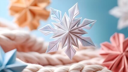 Fototapeta premium A decorative paper snowflake hung above intertwined ropes, with colorful origami flowers in the background. Concept Decorative Paper Snowflakes, Colorful Origami Flowers, Festive Backgrounds