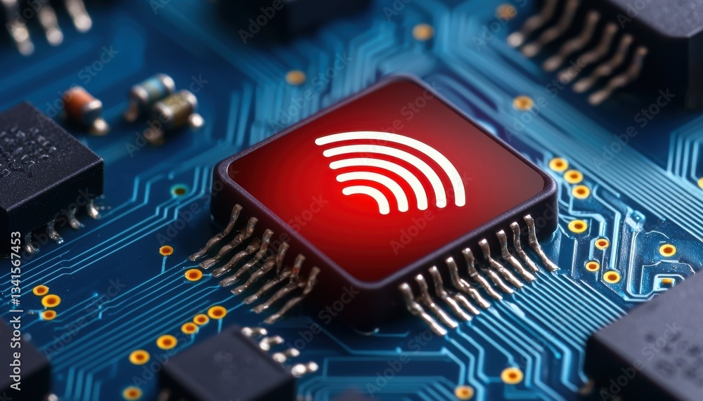 Poster a close-up image of a microchip with a red signal icon, highlighting technology and innovation in el