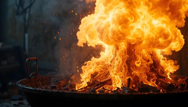 Intense Orange And Yellow Flames In A Dark Metal Bowl