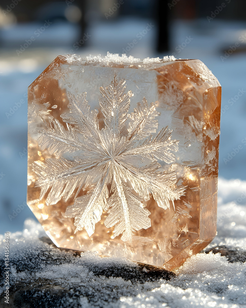 Poster a translucent ice block with a delicate, detailed leaf-like pattern frozen within, rests on a snow-c