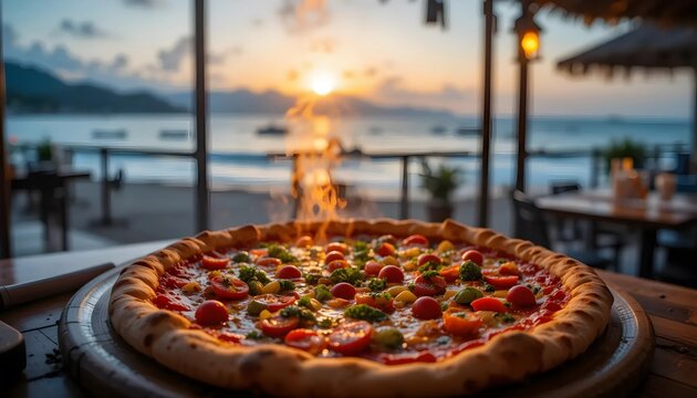 Steaming Vegetarian Pizza at Sunset Beach Restaurant