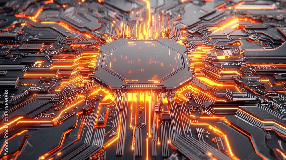 Poster a futuristic close-up of a circuit board with vibrant orange lines glowing against a dark metallic b
