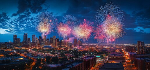 Spectacular fireworks display over Denver city skyline at twilight celebration