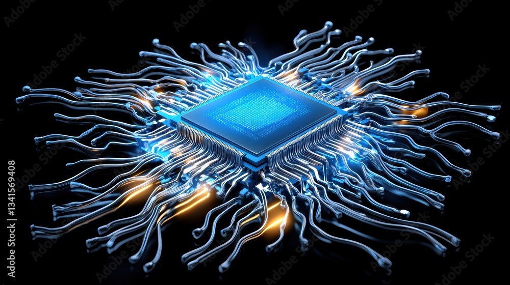 Poster A futuristic microprocessor design with glowing circuits, showcasing the intersection of innovation and digital technology.