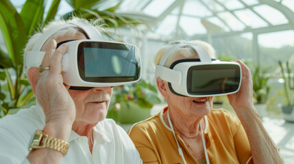 Seniors experiencing virtual reality greenhouse technology bright atmosphere engaging concept