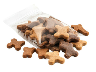 Assorted dog treats in a clear bag on a white background, ideal for pets and animal nutrition lovers, showcasing different shapes and textures of snacks