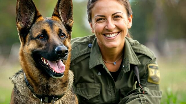 woman dog handler and a German shepherd outdoors. The work of a female professional dog handler. Service dogs. The concept of training service dogs. 4k video	
