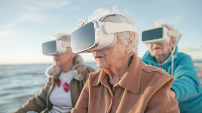 Virtual reality experience for seniors by the ocean scenic view innovative technology