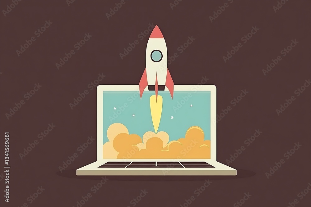 Poster Minimalist Rocket Launching from a Laptop Screen with a Joyful Color Palette : Generative AI