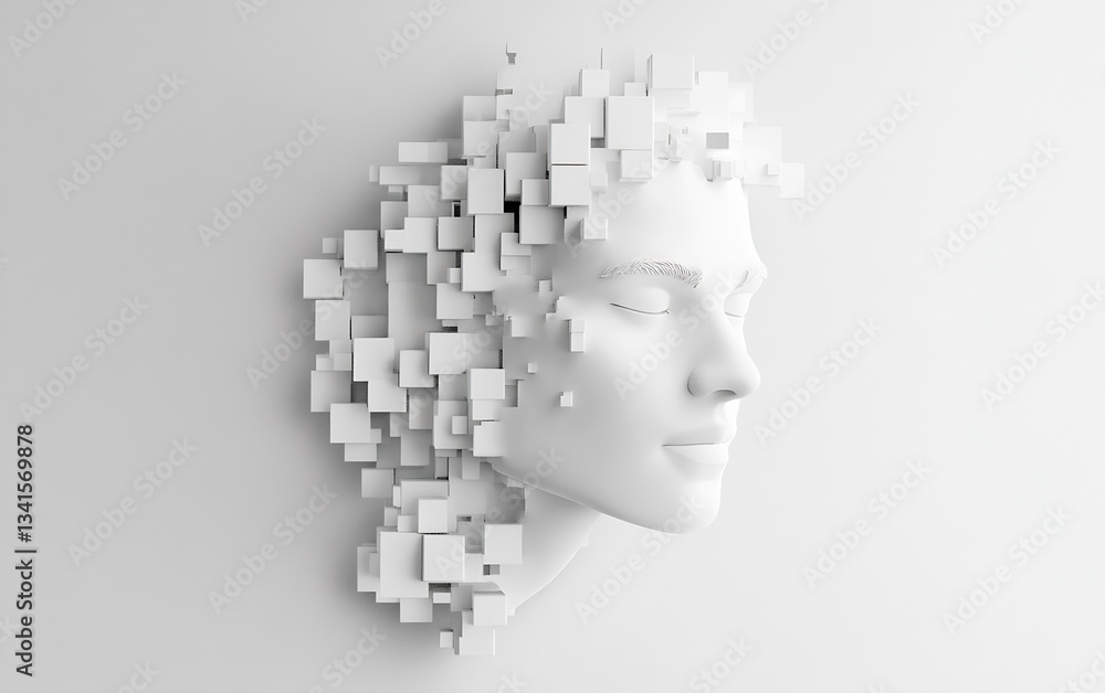 Fototapete surreal artistic representation of a human face transforming into geometric cubes against a light ba