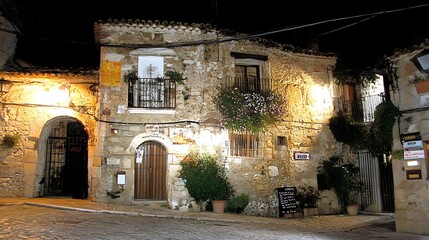 Fototapeta premium Stone building at night, illuminated street, dark sky, exterior