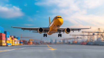 Obraz premium Spectacular sunset takeoff, airplane ascends from airport runway into the vibrant evening sky