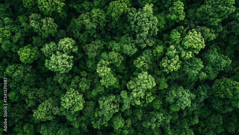 Poster enchanting top-down view of thick green forest canopy filled with various shades of green trees : ge