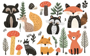 Rustic woodland creatures such as foxes, bears, and raccoons among pine trees and mushrooms