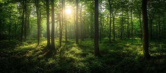 Golden Sunlight Filtering Through Bright Green Leaves in a Tranquil Forest Landscape : Generative AI