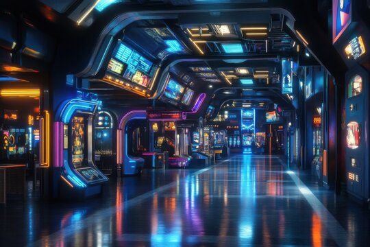 Retro futuristic arcade with glowing neon signs and space for text on right