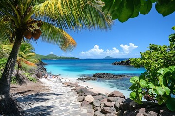 Breathtaking view of a quiet beach surrounded by lush greenery inviting relaxation and leisure activities : Generative AI