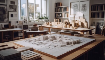 Detailed Architectural Design Studio Interior With Wooden Table Models Blueprints and Sketch Papers